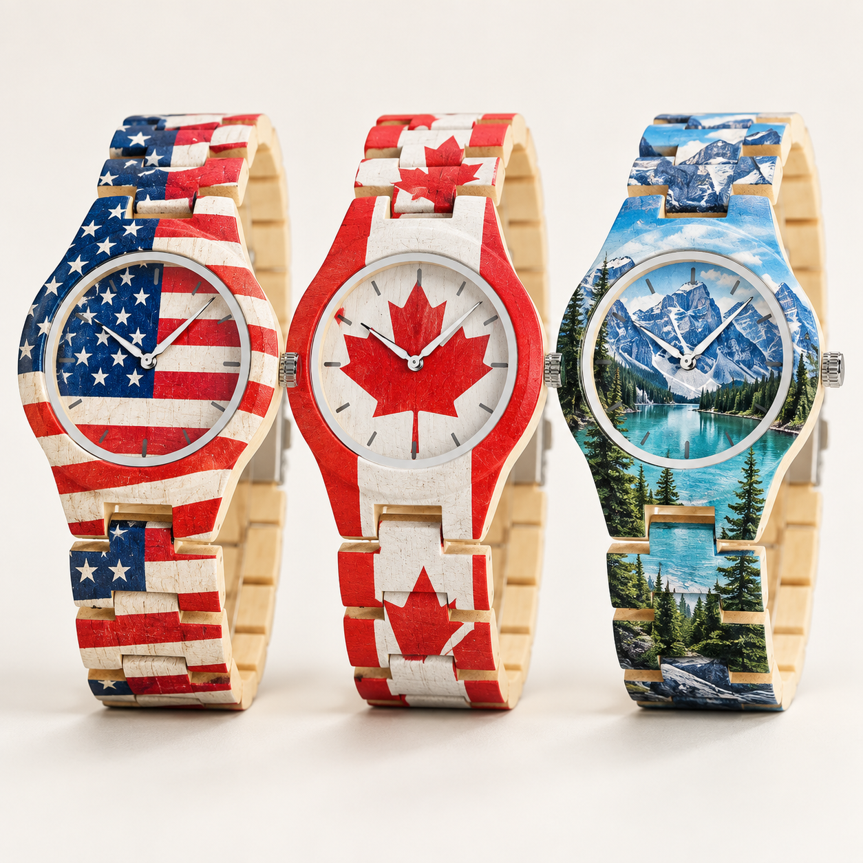 Three wooden watch concepts — USA flag, Canada flag and a Rockies mountain-and-lake scene — as full-wrap custom artwork.
